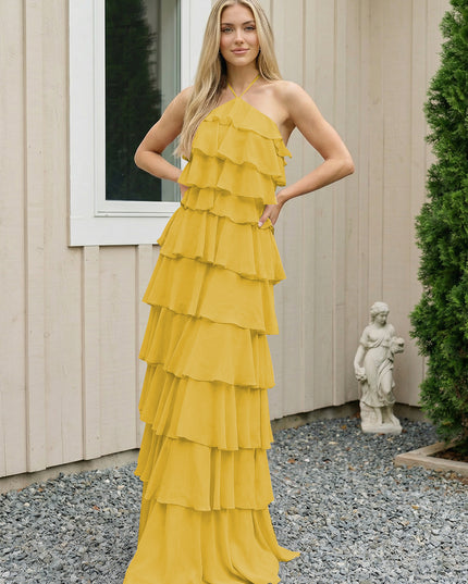Chiffon Halter Tiered Maxi Long Bridesmaid Dresses with Backless Design