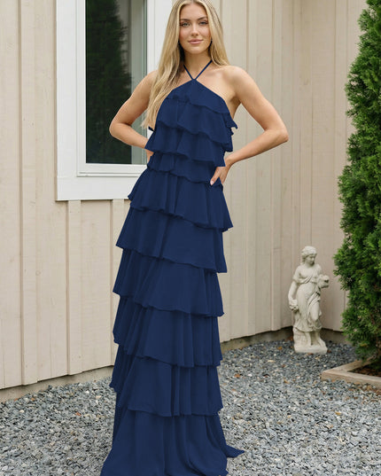 Chiffon Halter Tiered Maxi Long Bridesmaid Dresses with Backless Design