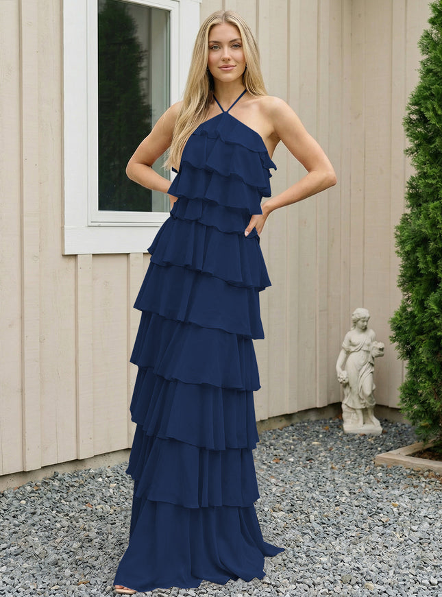 Chiffon Halter Tiered Maxi Long Bridesmaid Dresses with Backless Design