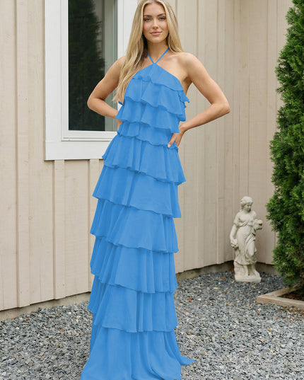 Chiffon Halter Tiered Maxi Long Bridesmaid Dresses with Backless Design