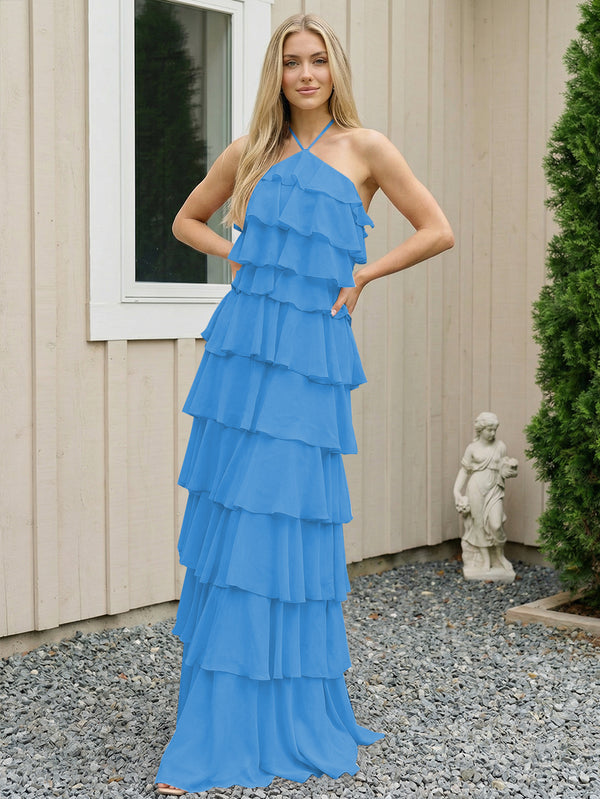 Chiffon Halter Tiered Maxi Long Bridesmaid Dresses with Backless Design