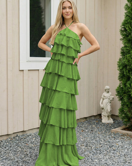 Chiffon Halter Tiered Maxi Long Bridesmaid Dresses with Backless Design