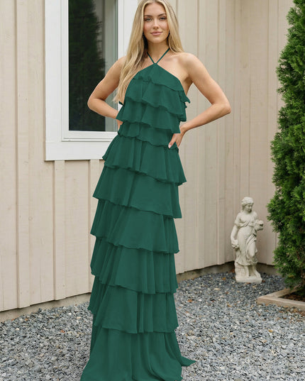 Chiffon Halter Tiered Maxi Long Bridesmaid Dresses with Backless Design