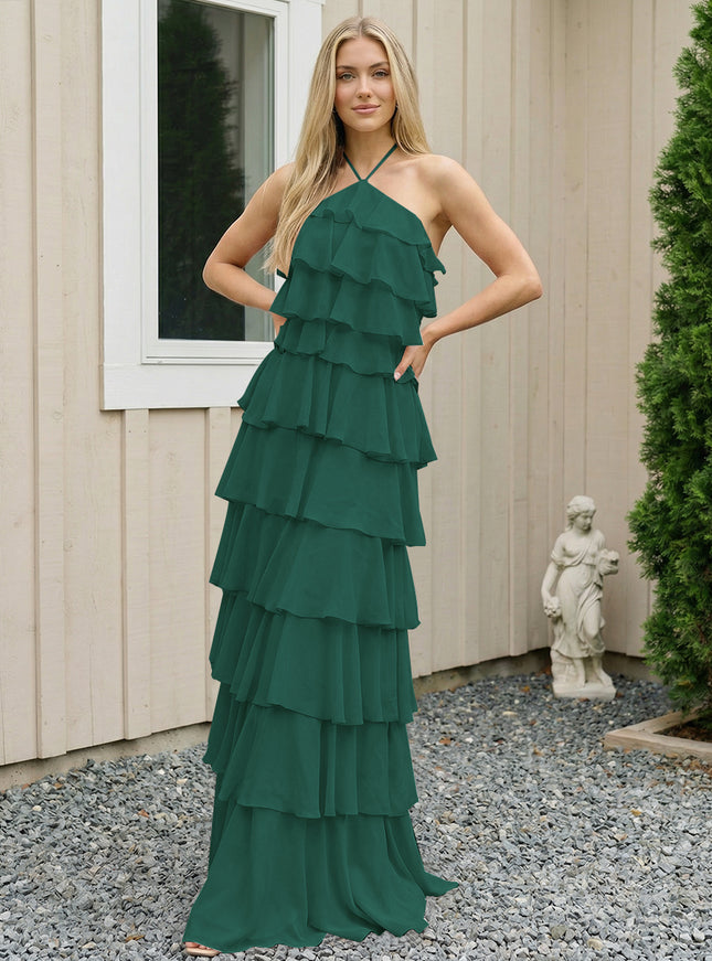 Chiffon Halter Tiered Maxi Long Bridesmaid Dresses with Backless Design