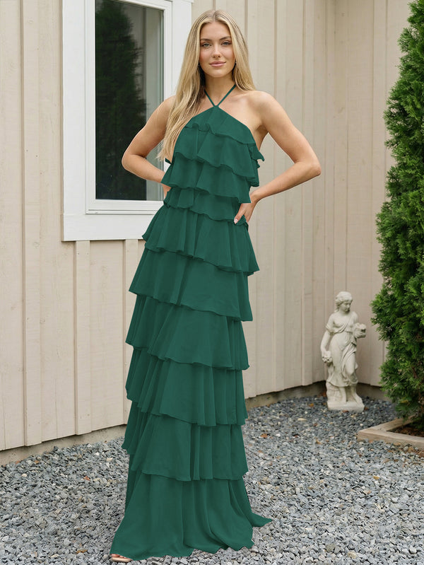Chiffon Halter Tiered Maxi Long Bridesmaid Dresses with Backless Design