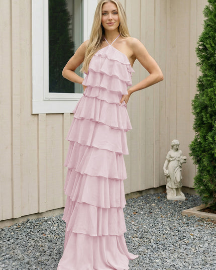 Chiffon Halter Tiered Maxi Long Bridesmaid Dresses with Backless Design