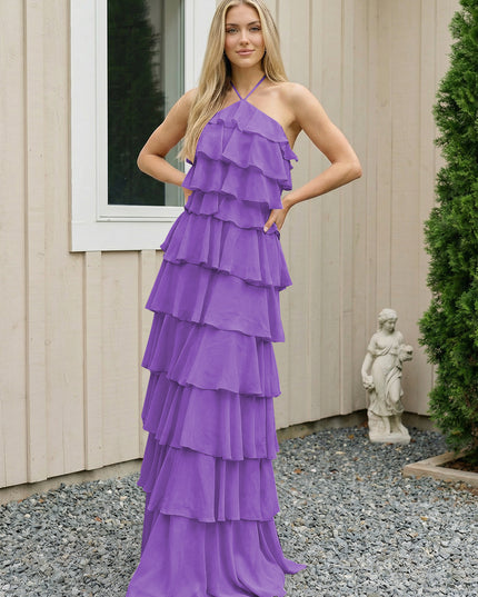 Chiffon Halter Tiered Maxi Long Bridesmaid Dresses with Backless Design