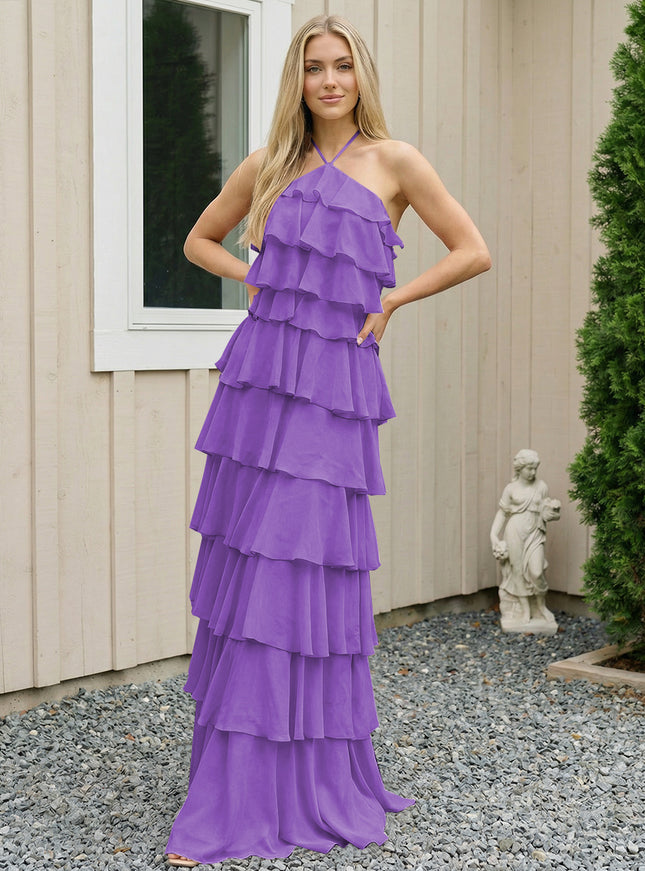 Chiffon Halter Tiered Maxi Long Bridesmaid Dresses with Backless Design