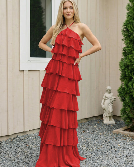 Chiffon Halter Tiered Maxi Long Bridesmaid Dresses with Backless Design