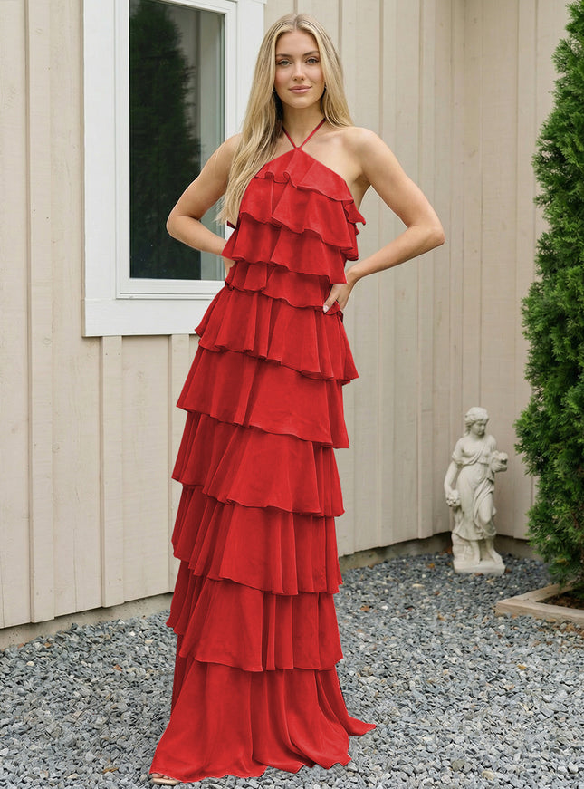 Chiffon Halter Tiered Maxi Long Bridesmaid Dresses with Backless Design
