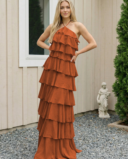 Chiffon Halter Tiered Maxi Long Bridesmaid Dresses with Backless Design