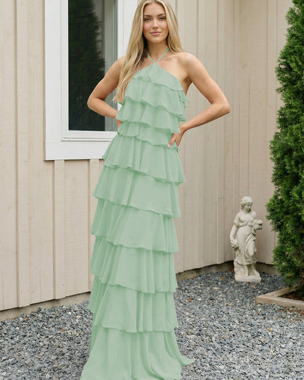 Chiffon Halter Tiered Maxi Long Bridesmaid Dresses with Backless Design