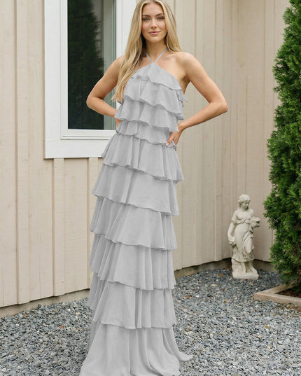 Chiffon Halter Tiered Maxi Long Bridesmaid Dresses with Backless Design