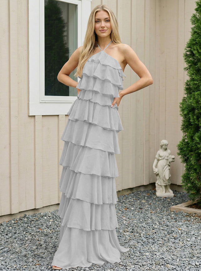 Chiffon Halter Tiered Maxi Long Bridesmaid Dresses with Backless Design