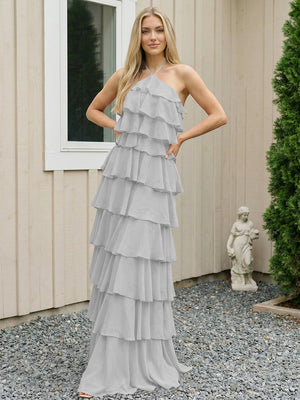 Chiffon Halter Tiered Maxi Long Bridesmaid Dresses with Backless Design