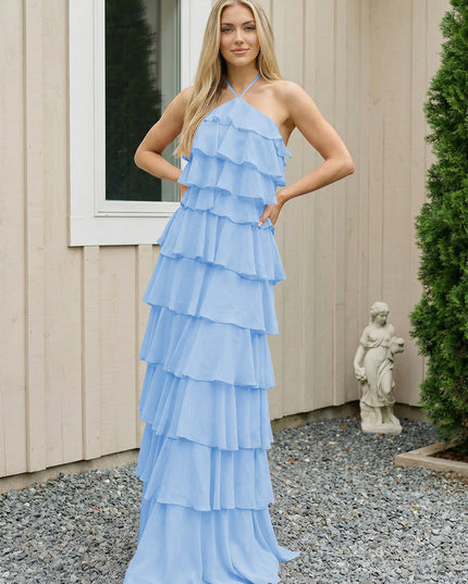 Chiffon Halter Tiered Maxi Long Bridesmaid Dresses with Backless Design