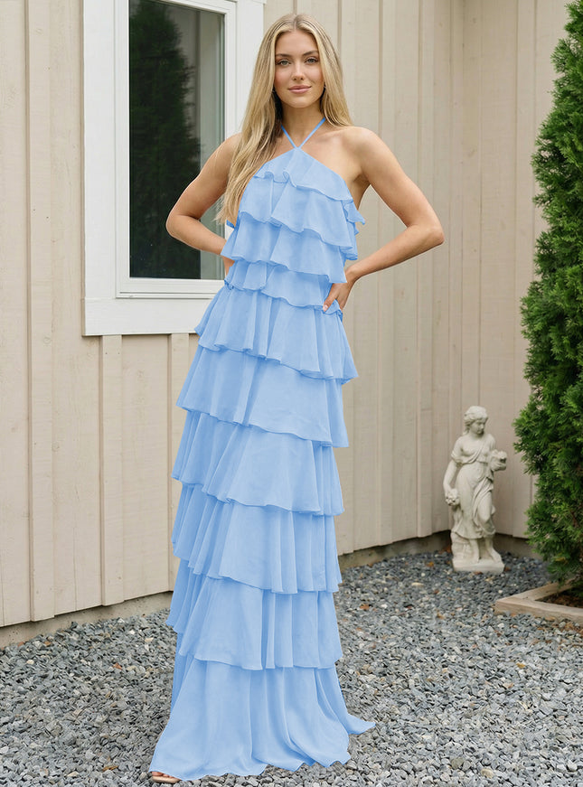 Chiffon Halter Tiered Maxi Long Bridesmaid Dresses with Backless Design