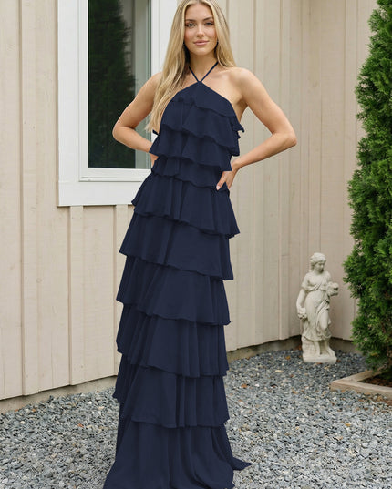 Chiffon Halter Tiered Maxi Long Bridesmaid Dresses with Backless Design