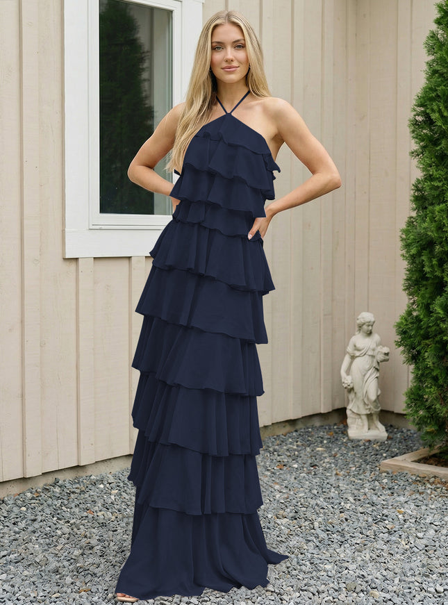 Chiffon Halter Tiered Maxi Long Bridesmaid Dresses with Backless Design