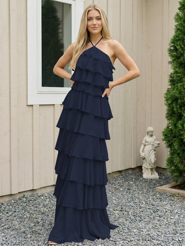 Chiffon Halter Tiered Maxi Long Bridesmaid Dresses with Backless Design