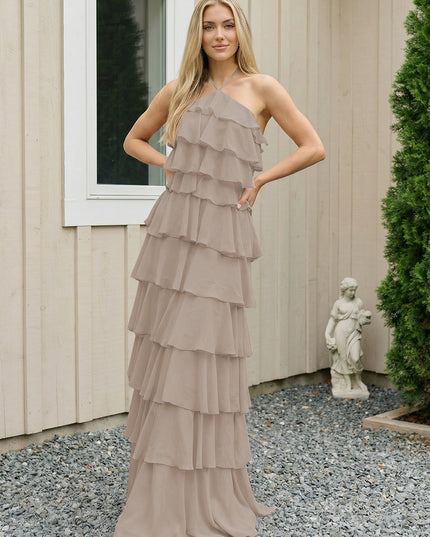 Chiffon Halter Tiered Maxi Long Bridesmaid Dresses with Backless Design