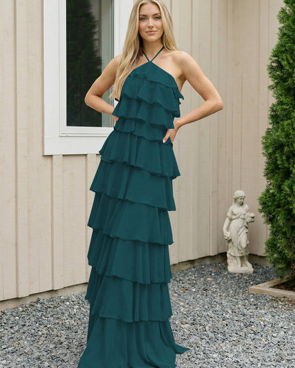 Chiffon Halter Tiered Maxi Long Bridesmaid Dresses with Backless Design