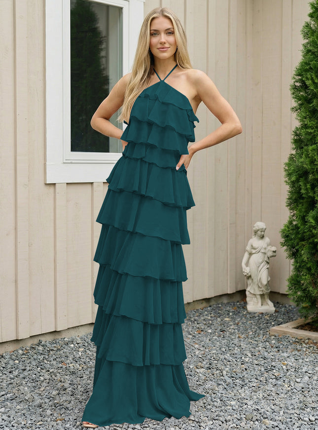 Chiffon Halter Tiered Maxi Long Bridesmaid Dresses with Backless Design