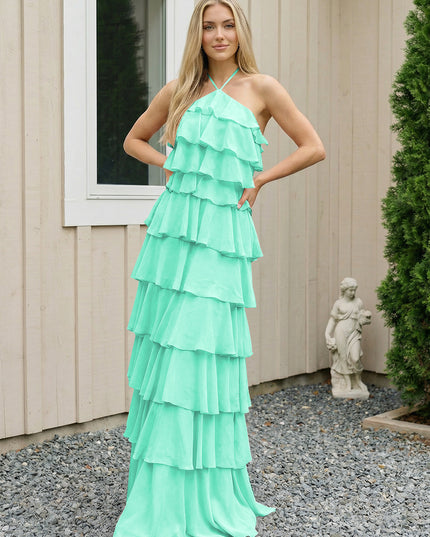 Chiffon Halter Tiered Maxi Long Bridesmaid Dresses with Backless Design