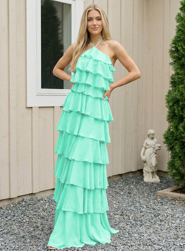 Chiffon Halter Tiered Maxi Long Bridesmaid Dresses with Backless Design