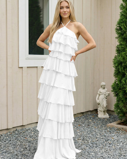 Chiffon Halter Tiered Maxi Long Bridesmaid Dresses with Backless Design