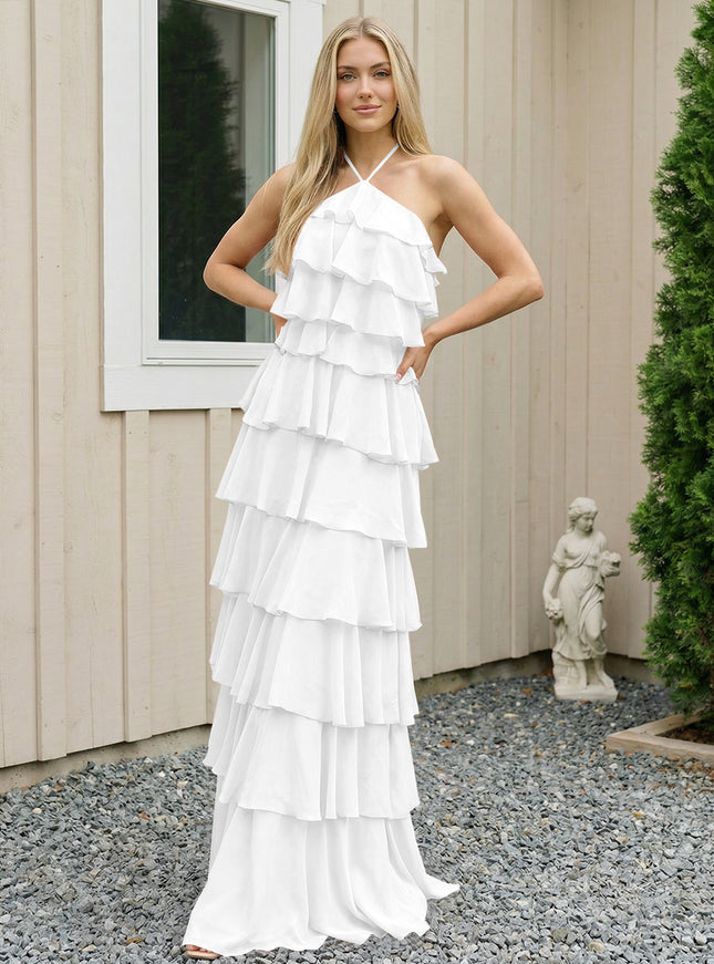 Chiffon Halter Tiered Maxi Long Bridesmaid Dresses with Backless Design