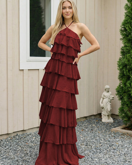 Chiffon Halter Tiered Maxi Long Bridesmaid Dresses with Backless Design