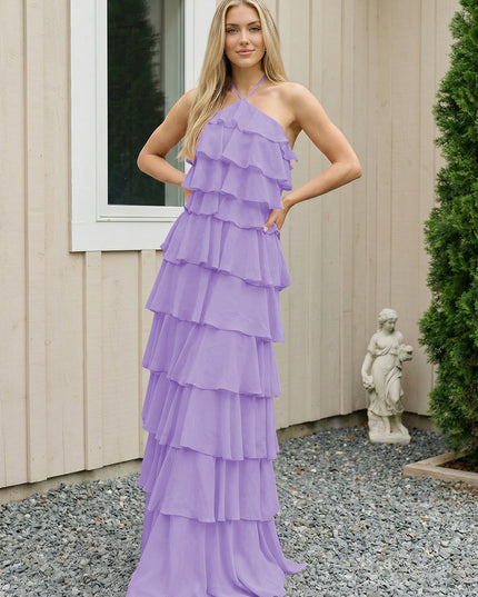 Chiffon Halter Tiered Maxi Long Bridesmaid Dresses with Backless Design