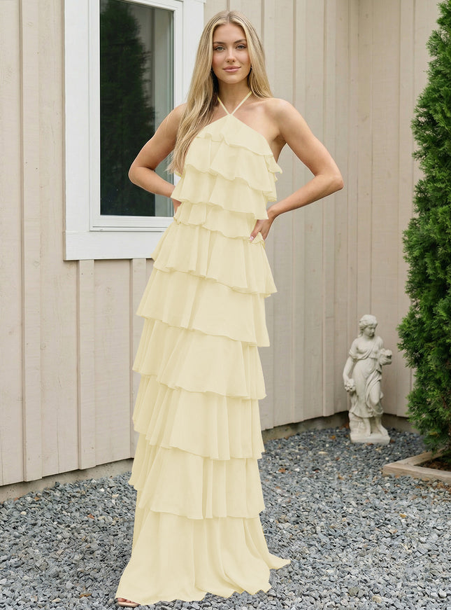 Chiffon Halter Tiered Maxi Long Bridesmaid Dresses with Backless Design
