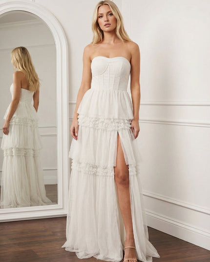 Tulle Strapless Tiered Maxi Long Bridesmaid Dresses with Slit