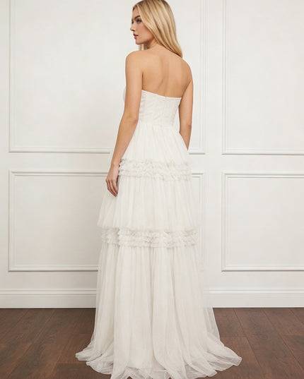 Tulle Strapless Tiered Maxi Long Bridesmaid Dresses with Slit