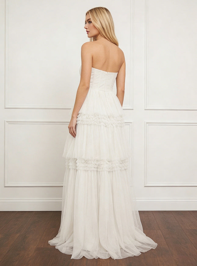 Tulle Strapless Tiered Maxi Long Bridesmaid Dresses with Slit