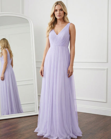 Tulle V Neck Maxi Long Bridesmaid Dresses with Backless Design