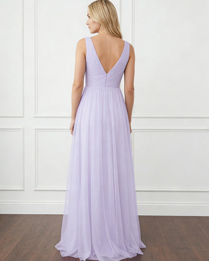 Tulle V Neck Maxi Long Bridesmaid Dresses with Backless Design