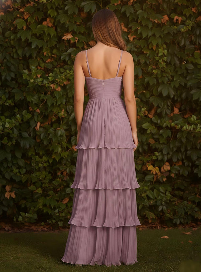 Spaghetti Straps Sweetheart Tiered Pleated A Line Chiffon Bridesmaid Dresses