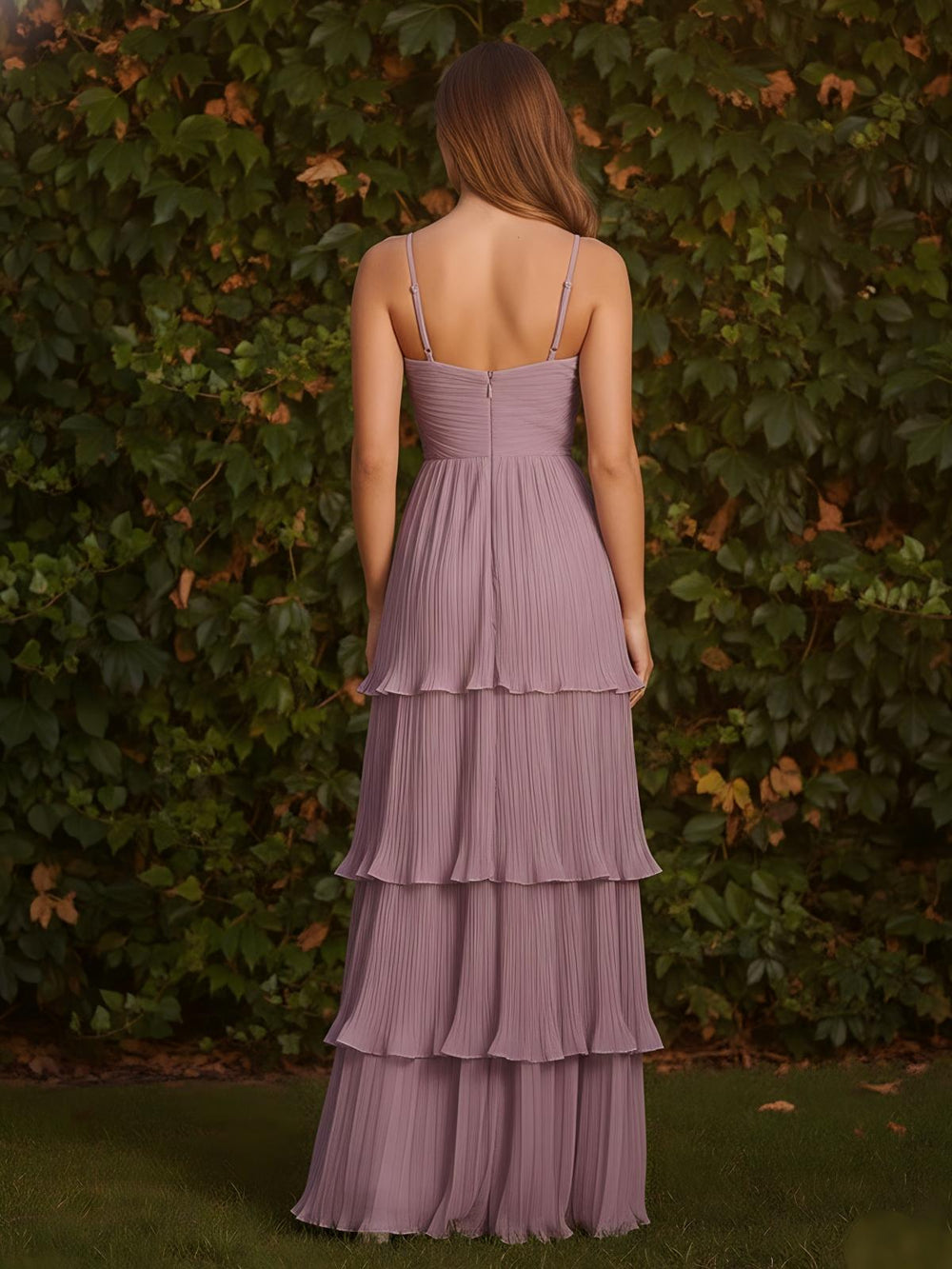 Spaghetti Straps Sweetheart Tiered Pleated A Line Chiffon Bridesmaid Dresses