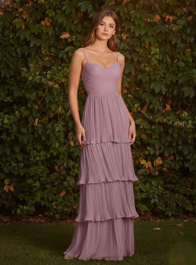 Spaghetti Straps Sweetheart Tiered Pleated A Line Chiffon Bridesmaid Dresses