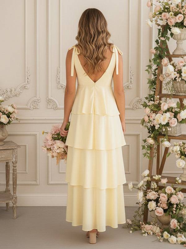 V Neck Tiered Chiffon Bridesmaid Dresses