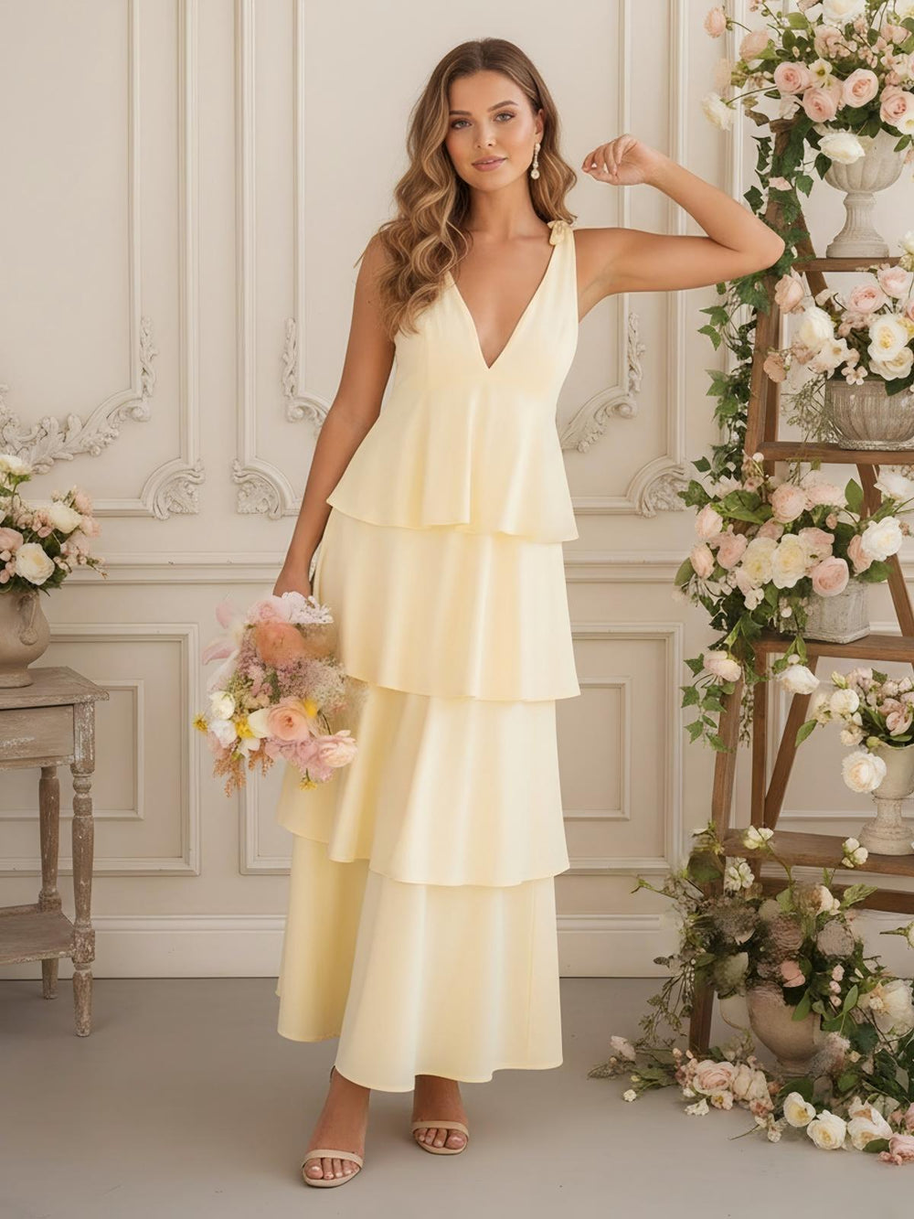 V Neck Tiered Chiffon Bridesmaid Dresses