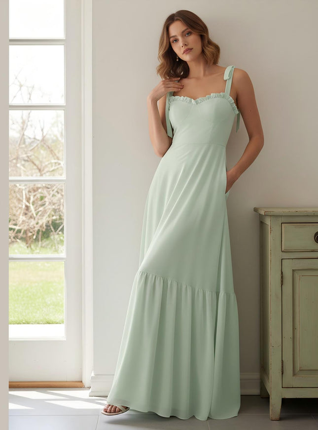 Chiffon Spaghetti Straps Sweetheart Sleeveless Bridesmaid Dresses