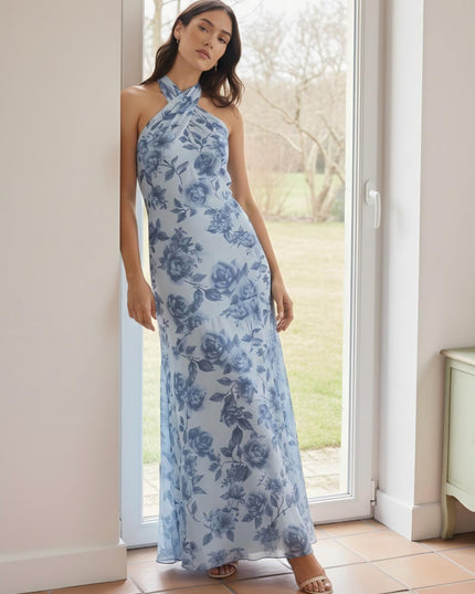 Floral Print Sheath Halter Sleeveless Bridesmaid Dresses