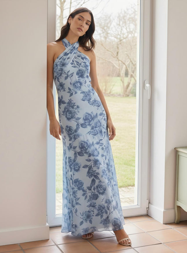 Floral Print Sheath Halter Sleeveless Bridesmaid Dresses