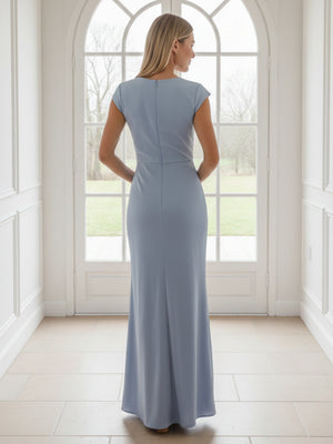 V Neck Short Sleeves Pleated Satin Sheath Bridesmaid Dresses