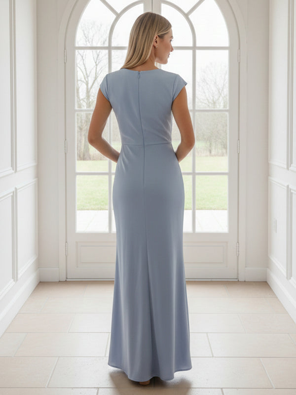 V Neck Short Sleeves Pleated Satin Sheath Bridesmaid Dresses