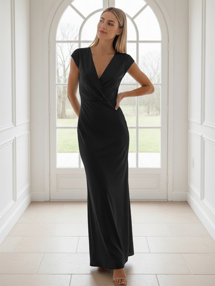 V Neck Short Sleeves Pleated Satin Sheath Formal Dresses